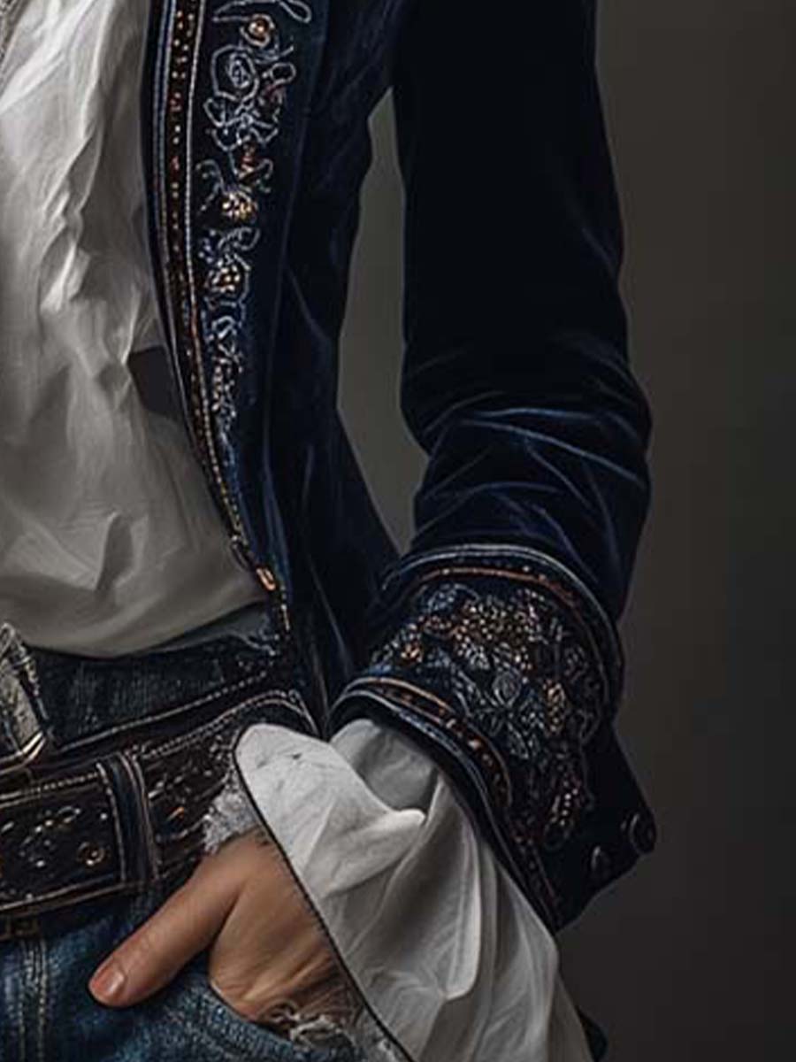 Vintage marineblå polyester fløjlsbroderet lang jakke