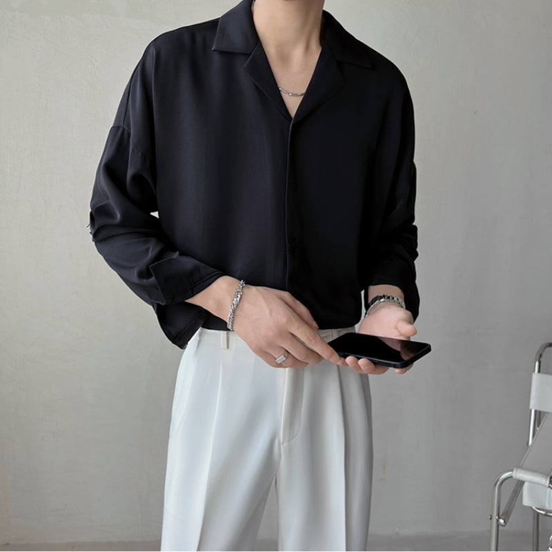 Mænds britisk cubansk krave ensfarvet langærmet afslappet skjorte