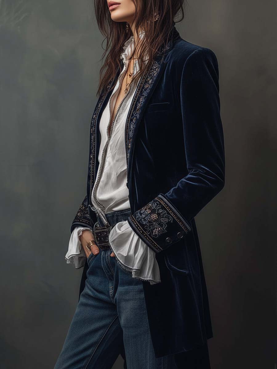 Vintage marineblå polyester fløjlsbroderet lang jakke