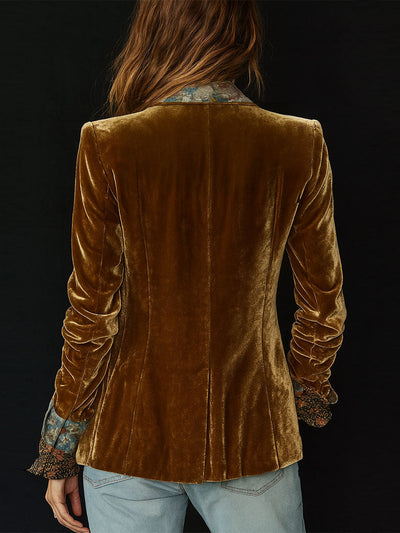 Vintage Revers Polyester Fløjl Blomsterprint Patchwork Blazer