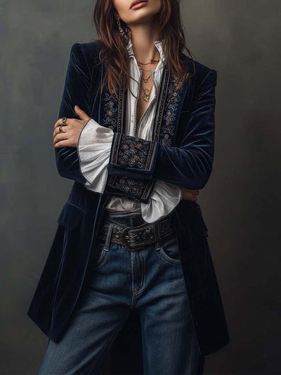 Vintage marineblå polyester fløjlsbroderet lang jakke