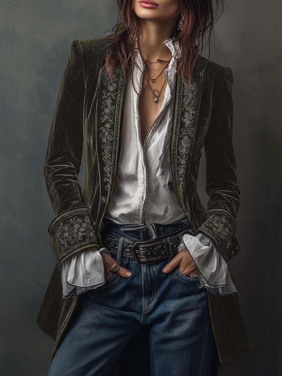 Vintage marineblå polyester fløjlsbroderet lang jakke