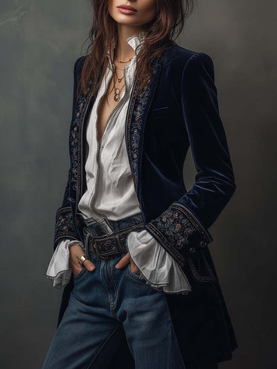 Vintage marineblå polyester fløjlsbroderet lang jakke