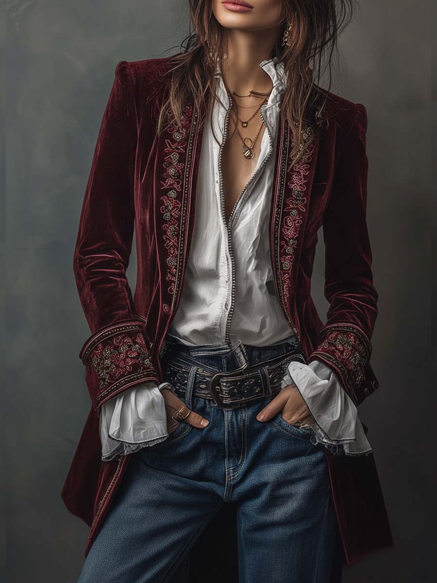 Vintage marineblå polyester fløjlsbroderet lang jakke