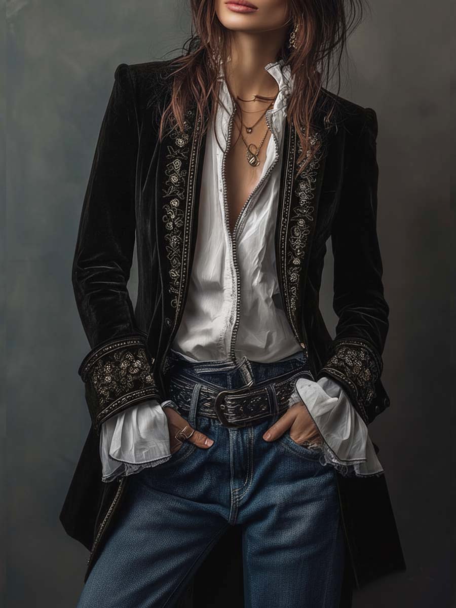 Vintage marineblå polyester fløjlsbroderet lang jakke