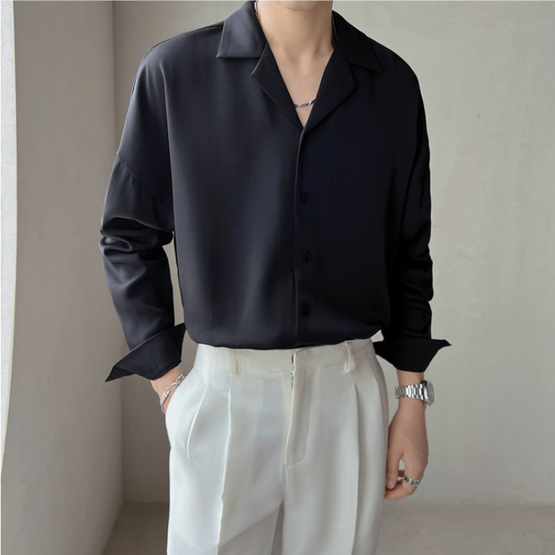 Mænds britisk cubansk krave ensfarvet langærmet afslappet skjorte