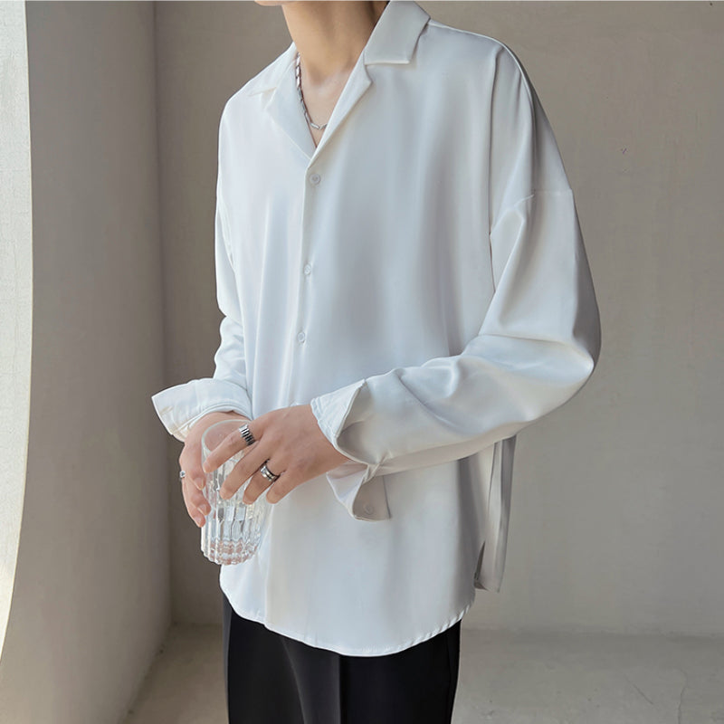 Mænds britisk cubansk krave ensfarvet langærmet afslappet skjorte