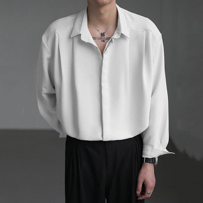 Herre Casual Løs Ensfarvet Draperet Langærmet Skjorte