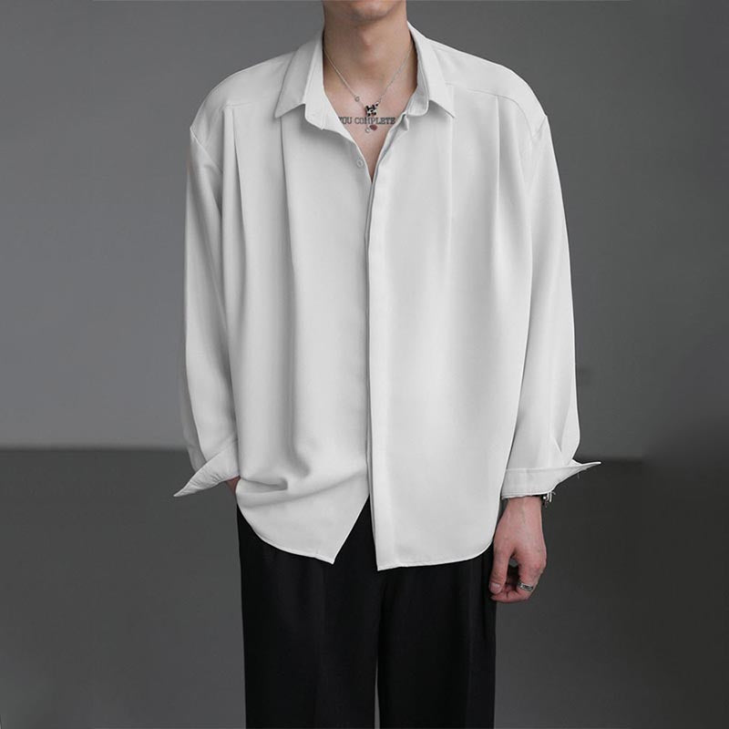 Herre Casual Løs Ensfarvet Draperet Langærmet Skjorte