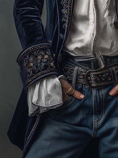 Vintage marineblå polyester fløjlsbroderet lang jakke