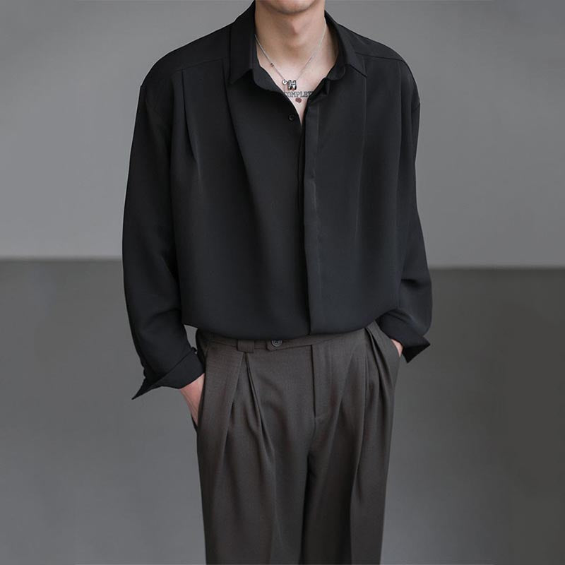 Herre Casual Løs Ensfarvet Draperet Langærmet Skjorte