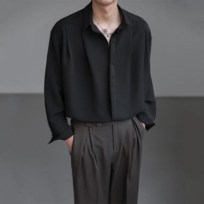 Herre Casual Løs Ensfarvet Draperet Langærmet Skjorte