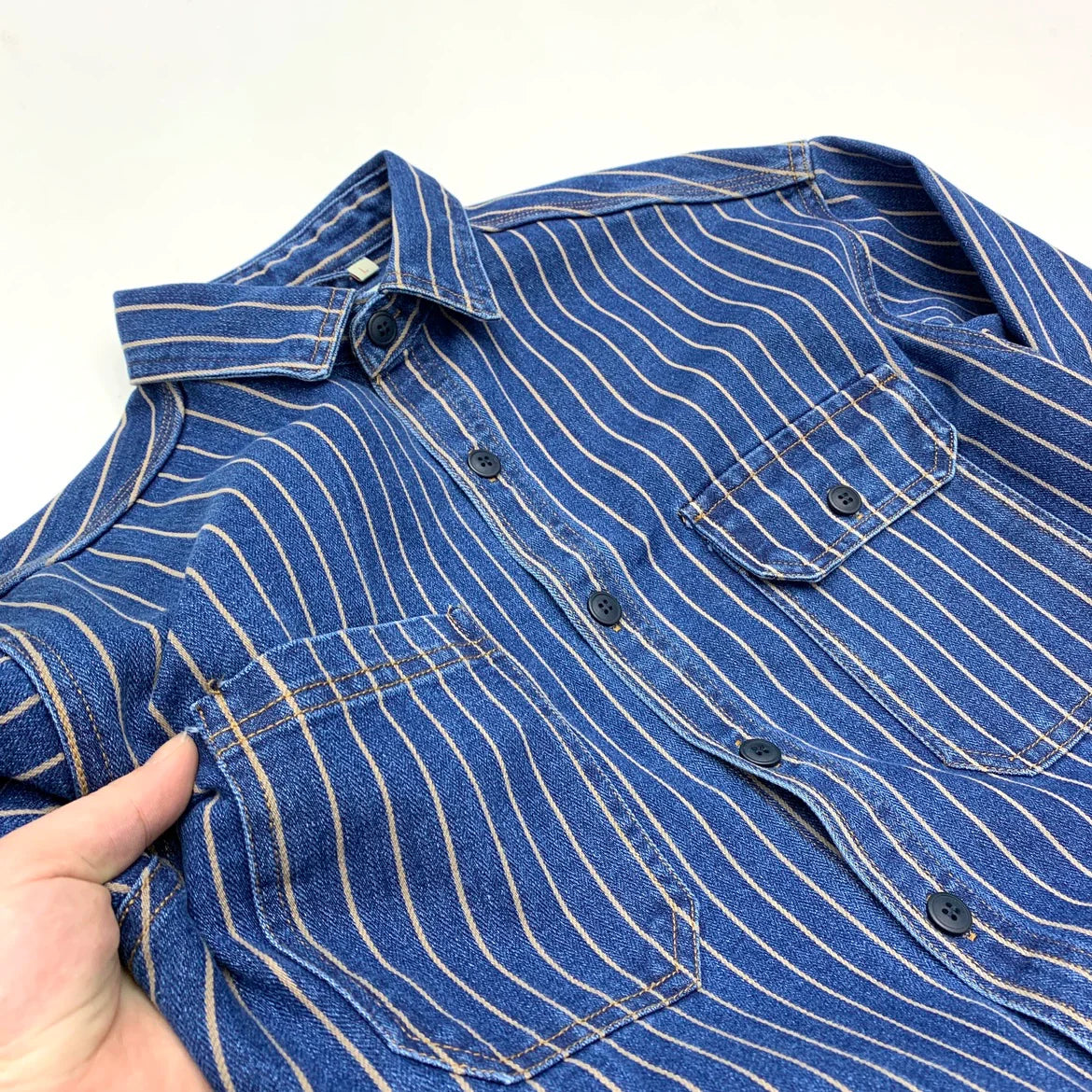 Herre Vintage Slidt Denim Skjorte, Vasket Stribet Knap-Ned, Casual Langærmet