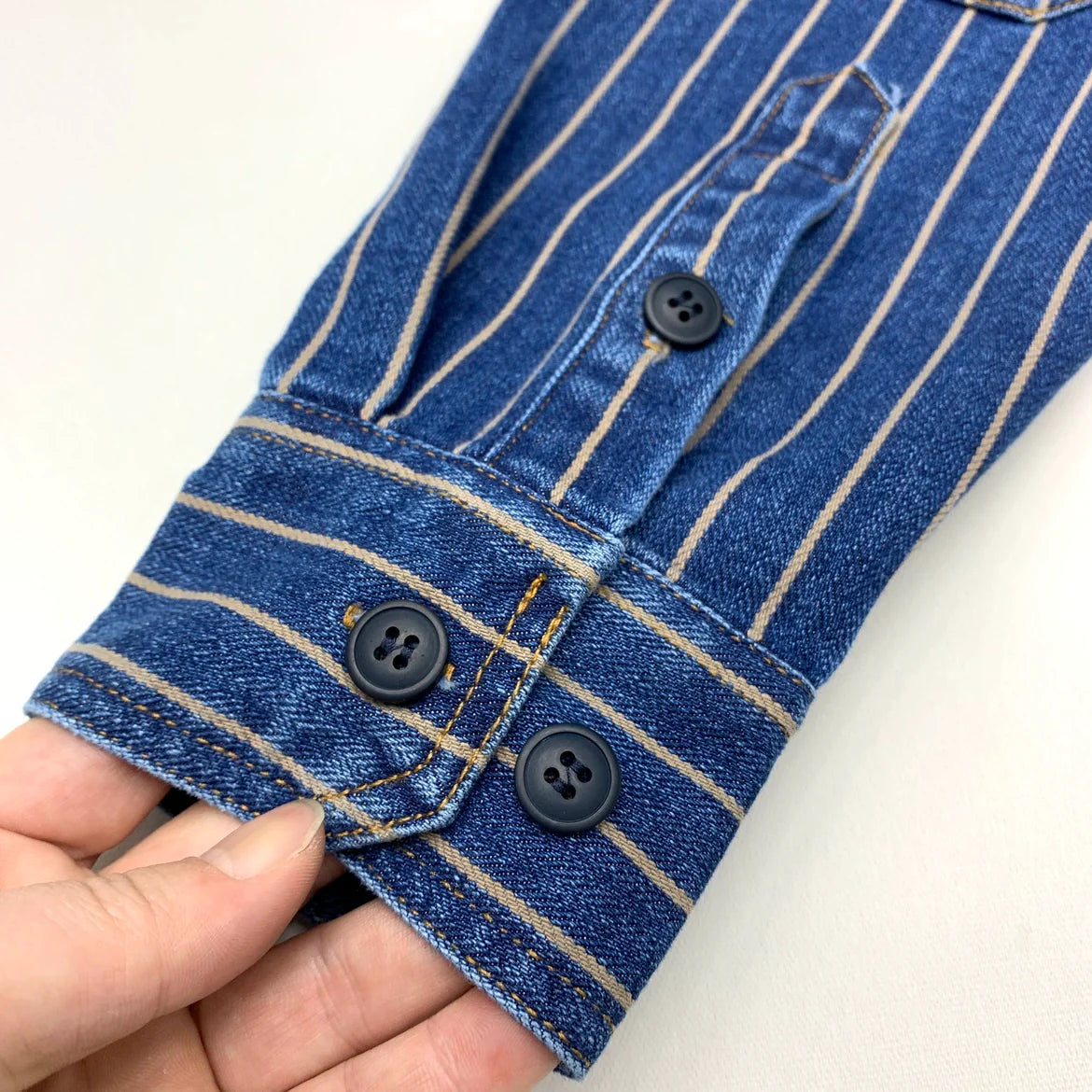 Herre Vintage Slidt Denim Skjorte, Vasket Stribet Knap-Ned, Casual Langærmet