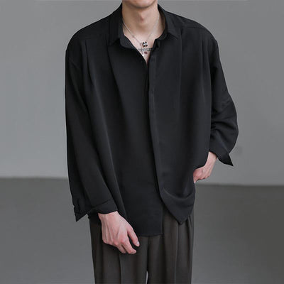 Herre Casual Løs Ensfarvet Draperet Langærmet Skjorte