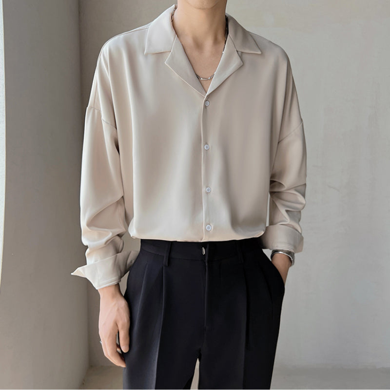 Mænds britisk cubansk krave ensfarvet langærmet afslappet skjorte