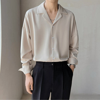 Mænds britisk cubansk krave ensfarvet langærmet afslappet skjorte