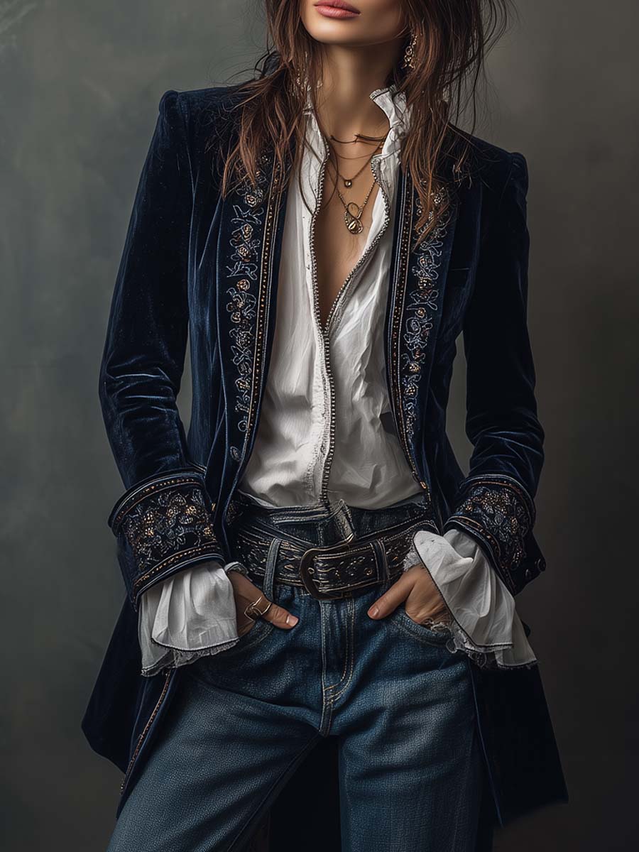 Vintage marineblå polyester fløjlsbroderet lang jakke