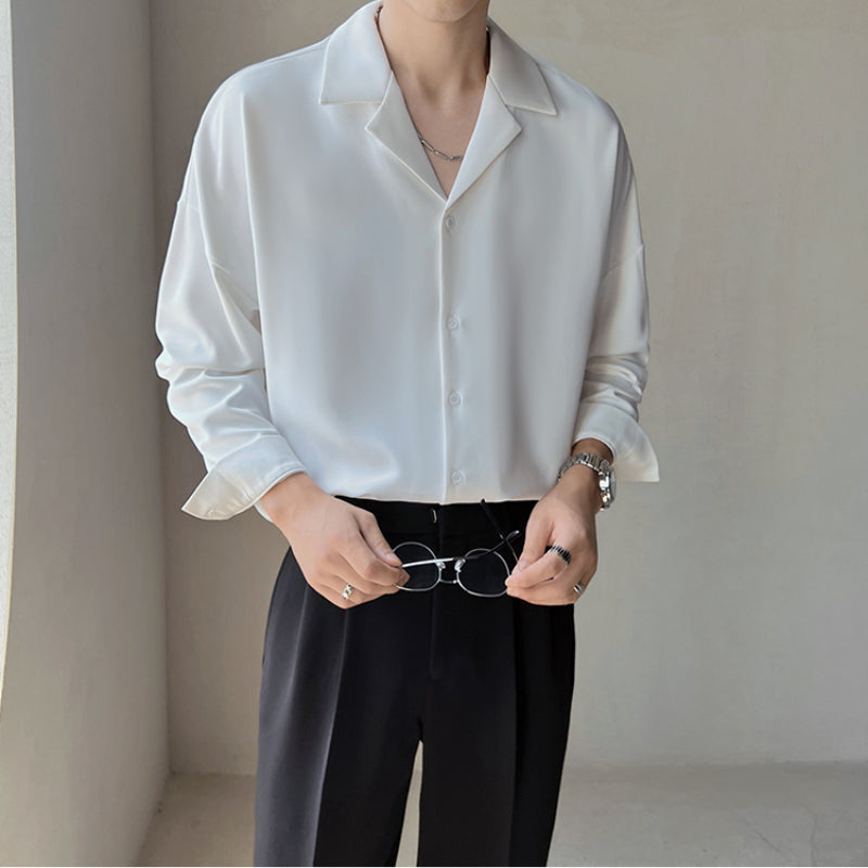 Mænds britisk cubansk krave ensfarvet langærmet afslappet skjorte