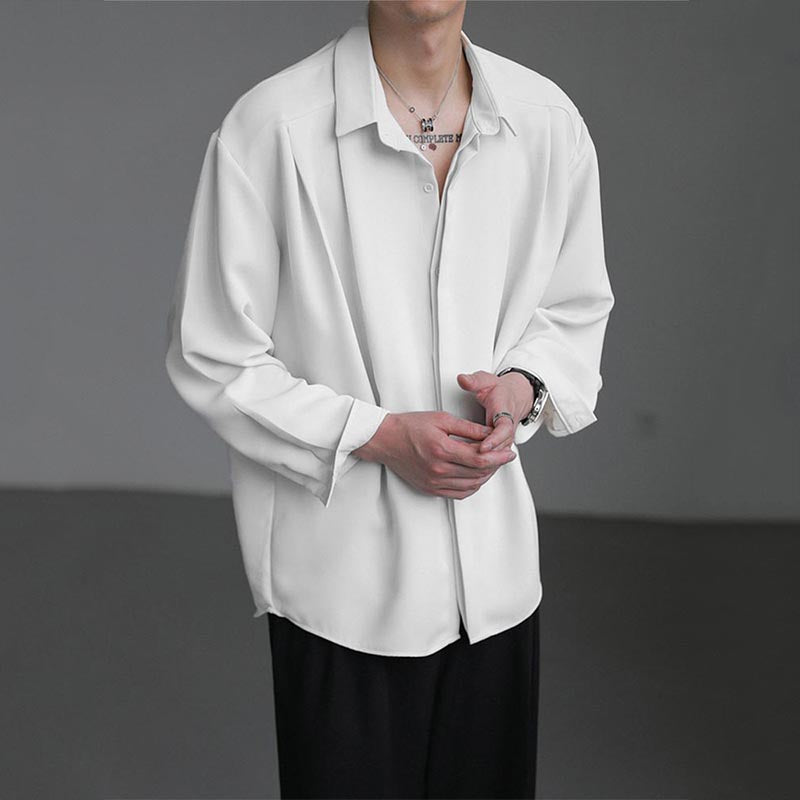 Herre Casual Løs Ensfarvet Draperet Langærmet Skjorte
