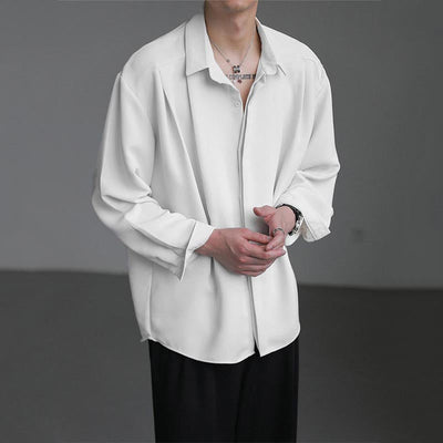 Herre Casual Løs Ensfarvet Draperet Langærmet Skjorte