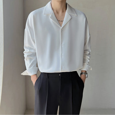 Mænds britisk cubansk krave ensfarvet langærmet afslappet skjorte