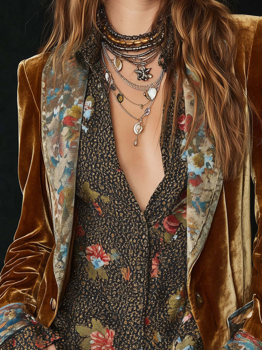 Vintage Revers Polyester Fløjl Blomsterprint Patchwork Blazer