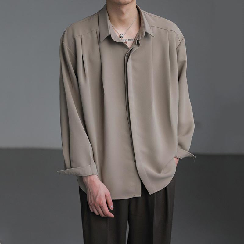 Herre Casual Løs Ensfarvet Draperet Langærmet Skjorte