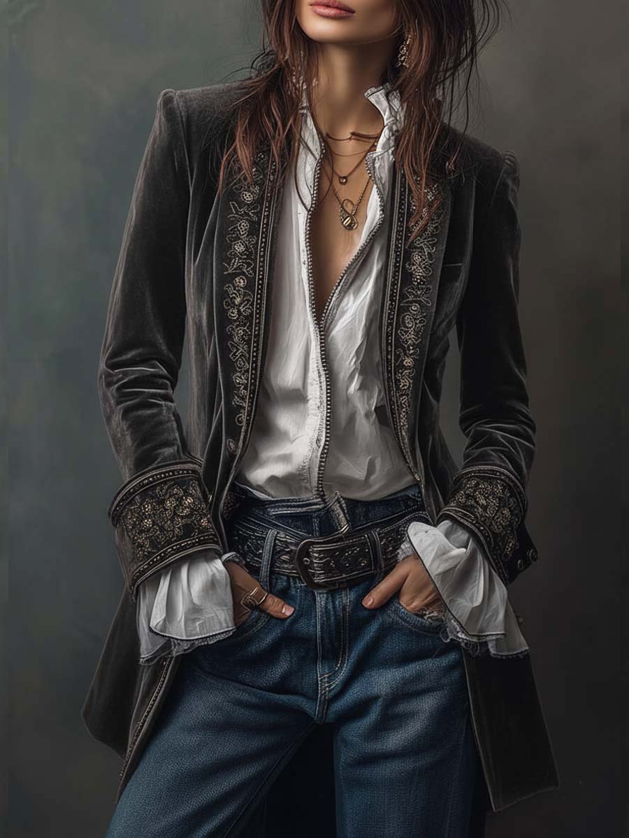 Vintage marineblå polyester fløjlsbroderet lang jakke