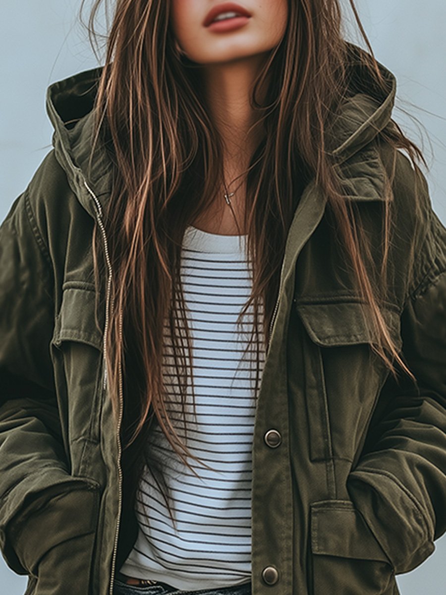 Vintage casual hættetrøje vindtæt arbejdsjakke med flere lommer