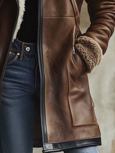 Kvinders Vintage Kontrast Lammeskinds Krave Faux Læder Frakke