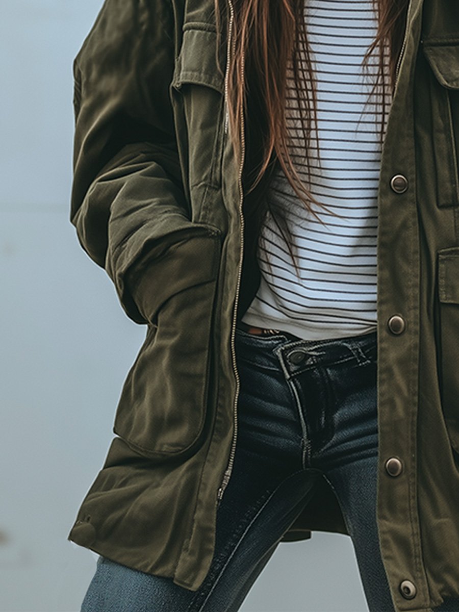 Vintage casual hættetrøje vindtæt arbejdsjakke med flere lommer