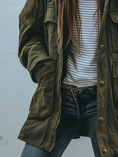 Vintage casual hættetrøje vindtæt arbejdsjakke med flere lommer