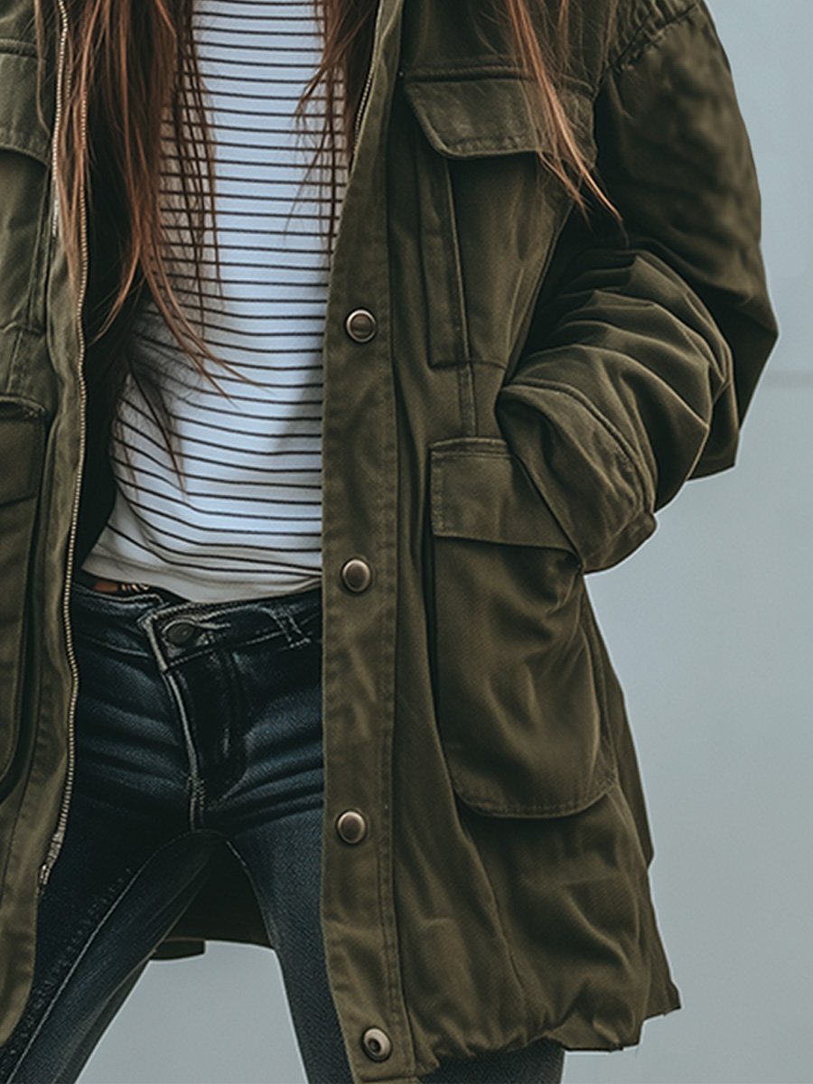 Vintage casual hættetrøje vindtæt arbejdsjakke med flere lommer