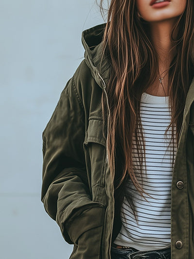 Vintage casual hættetrøje vindtæt arbejdsjakke med flere lommer